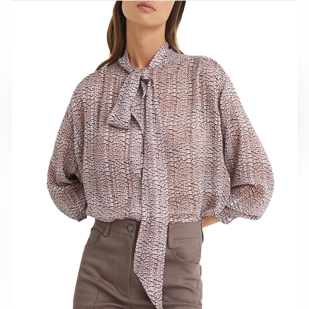 Reiss Kelsie Metallic Tie-Neck Blouse NWT Size 14